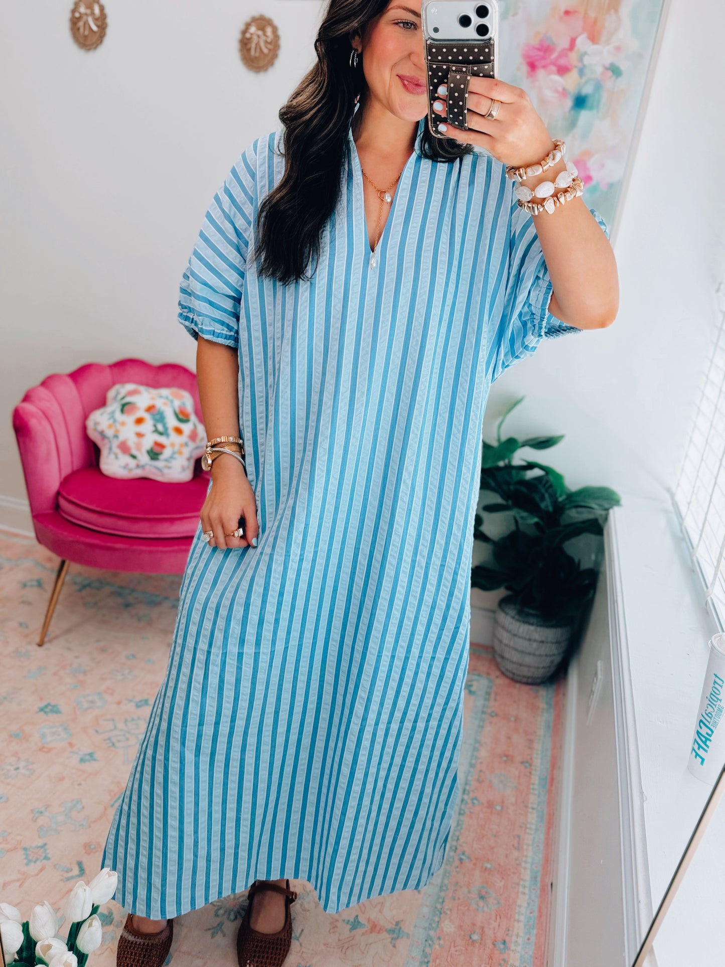CURVY Sofia Blue Striped Midi Dress