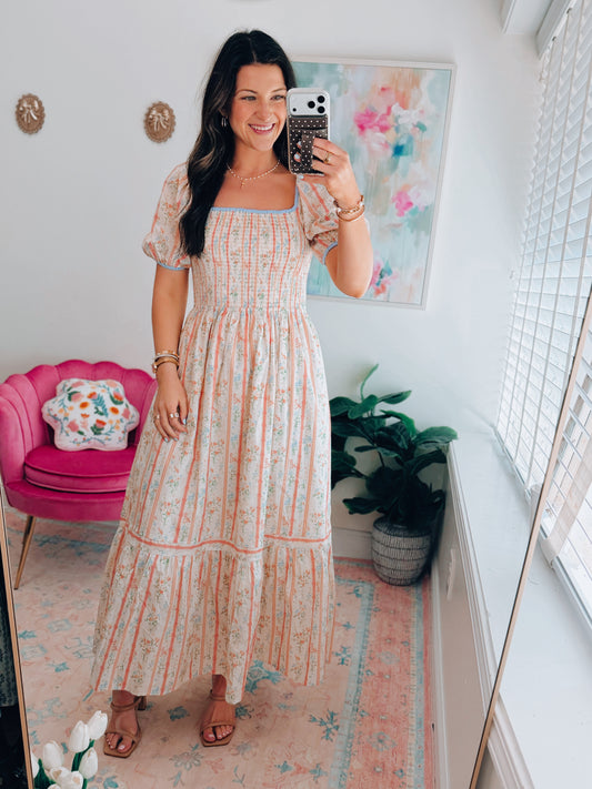 Iris Smocked Flora Trim Maxi Dress