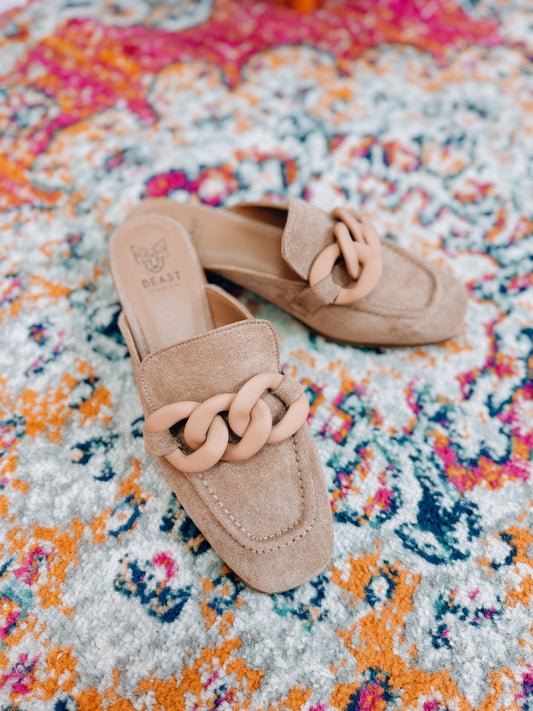 Sheena Suede Taupe Chain Mules