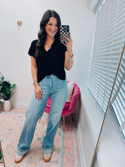 Split Neck Knit Top - Black