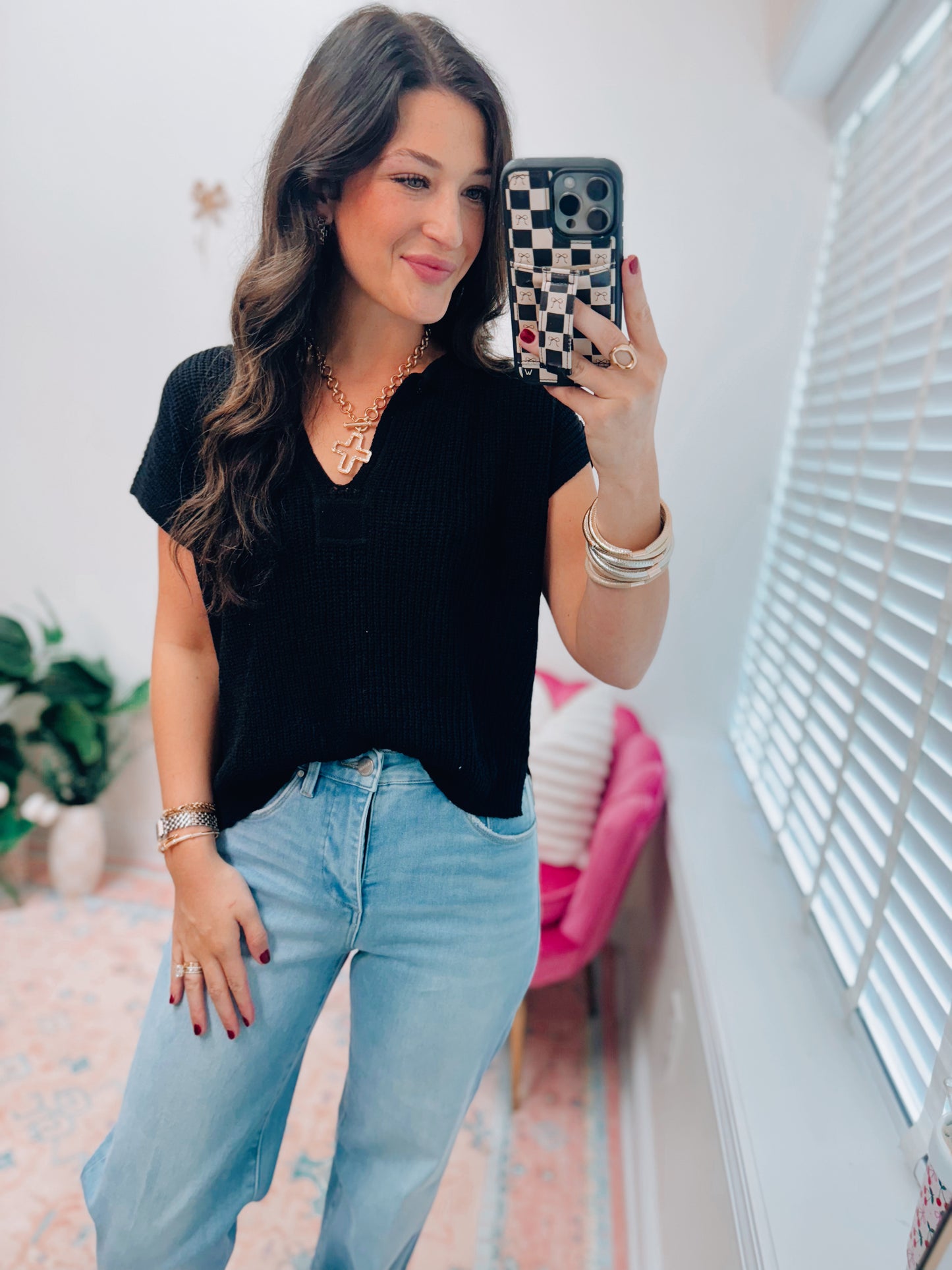 Split Neck Knit Top - Black