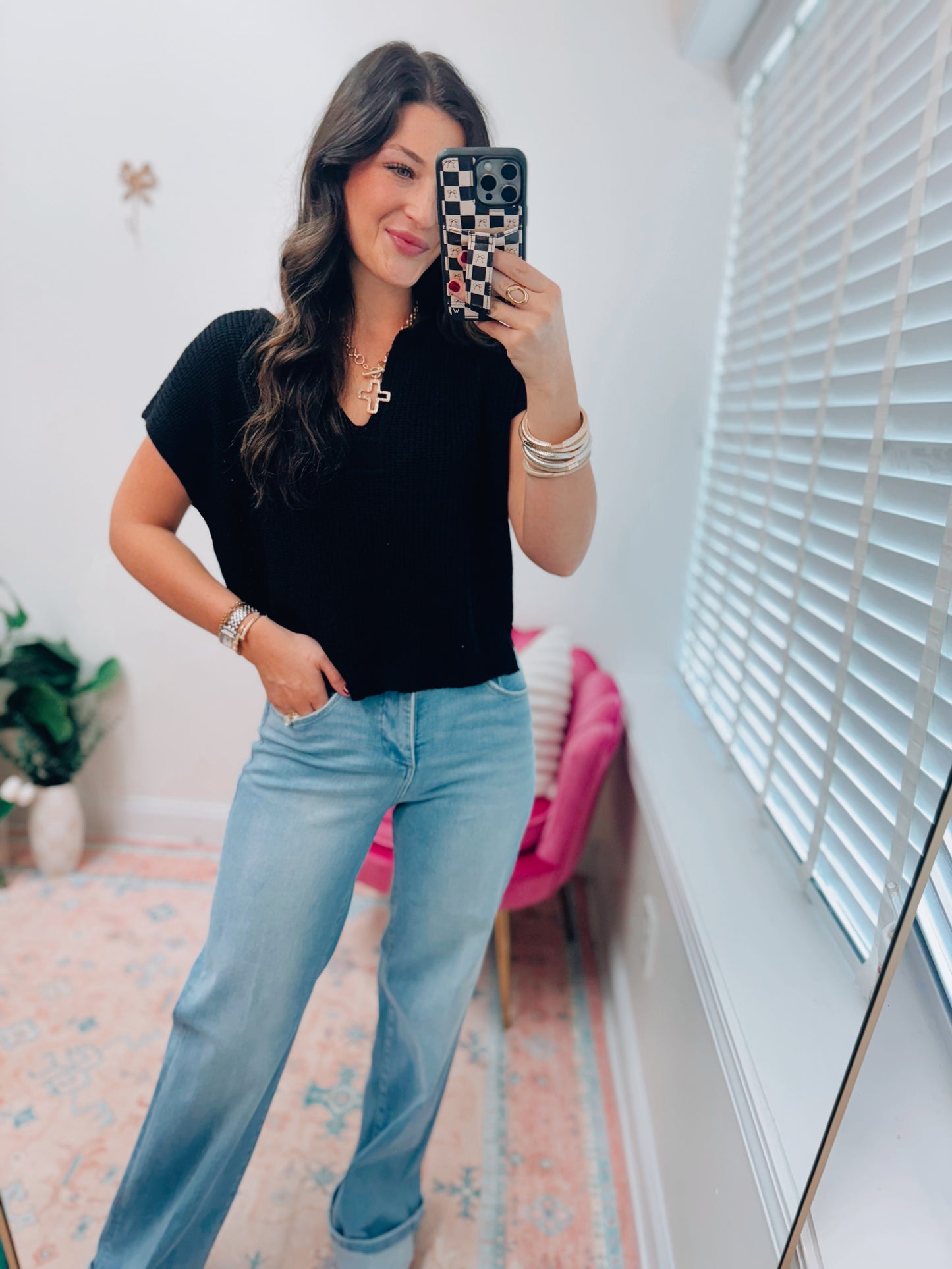 Split Neck Knit Top - Black