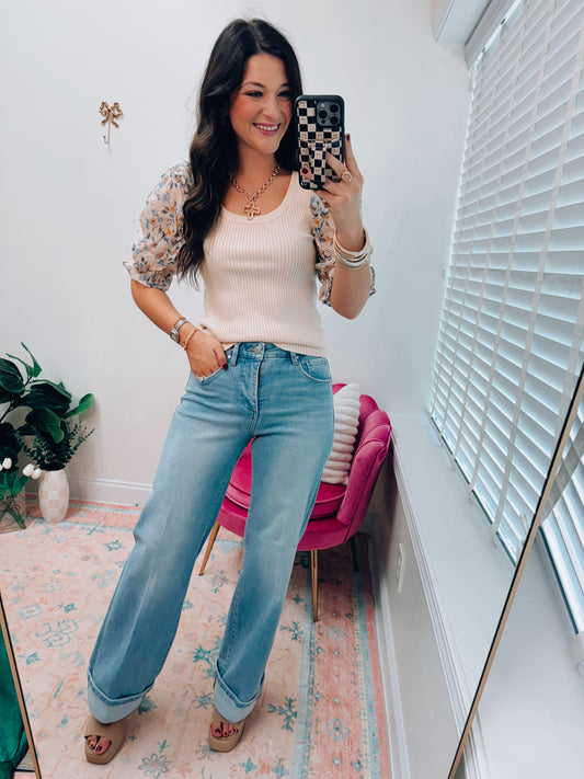 Laurel Ribbed Floral Sheer Puff Top