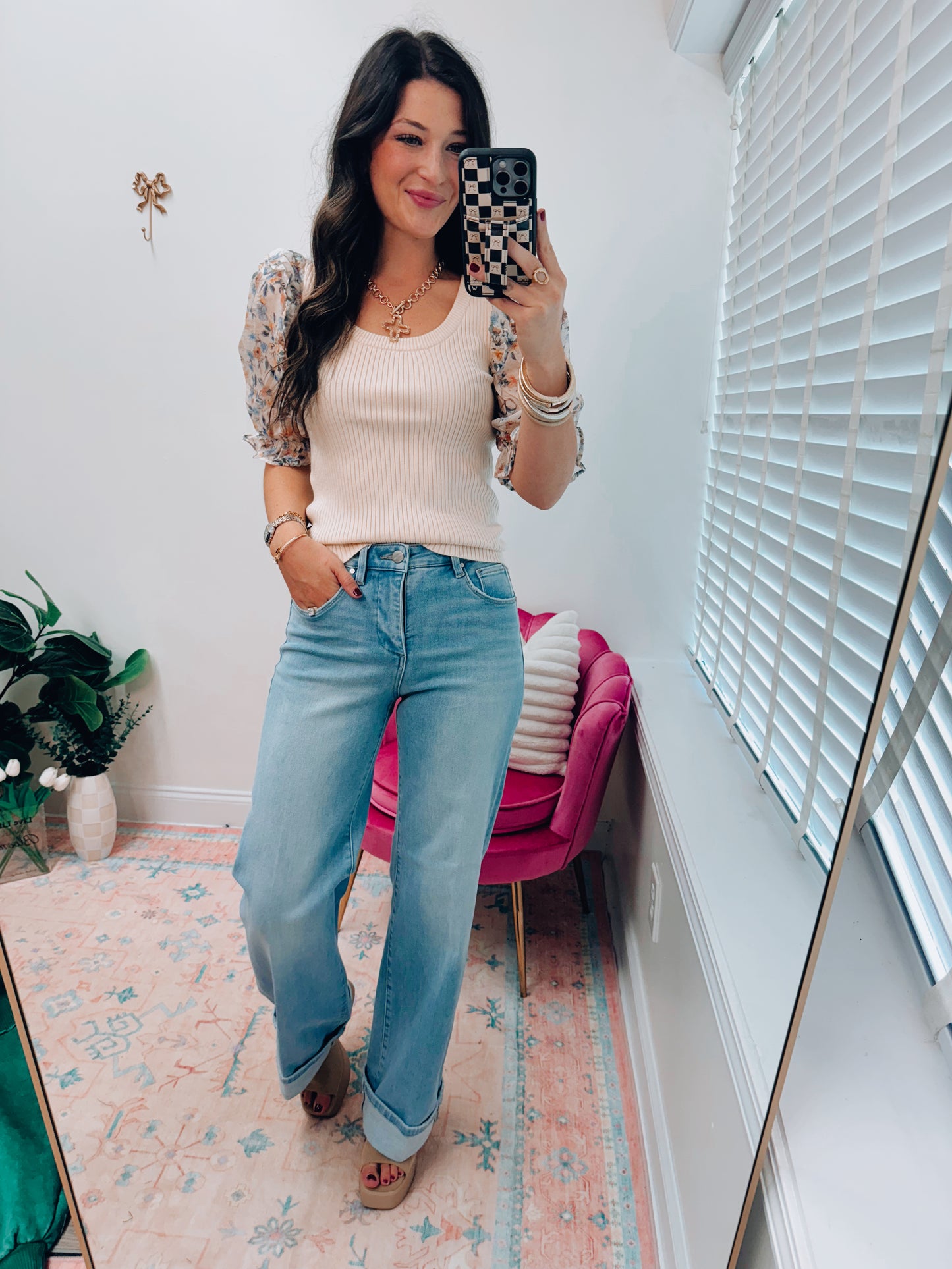 Laurel Ribbed Floral Sheer Puff Top