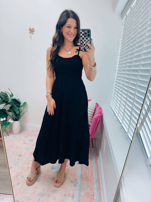 Sweetheart Smocked Bow Strap Midi Dress - Black