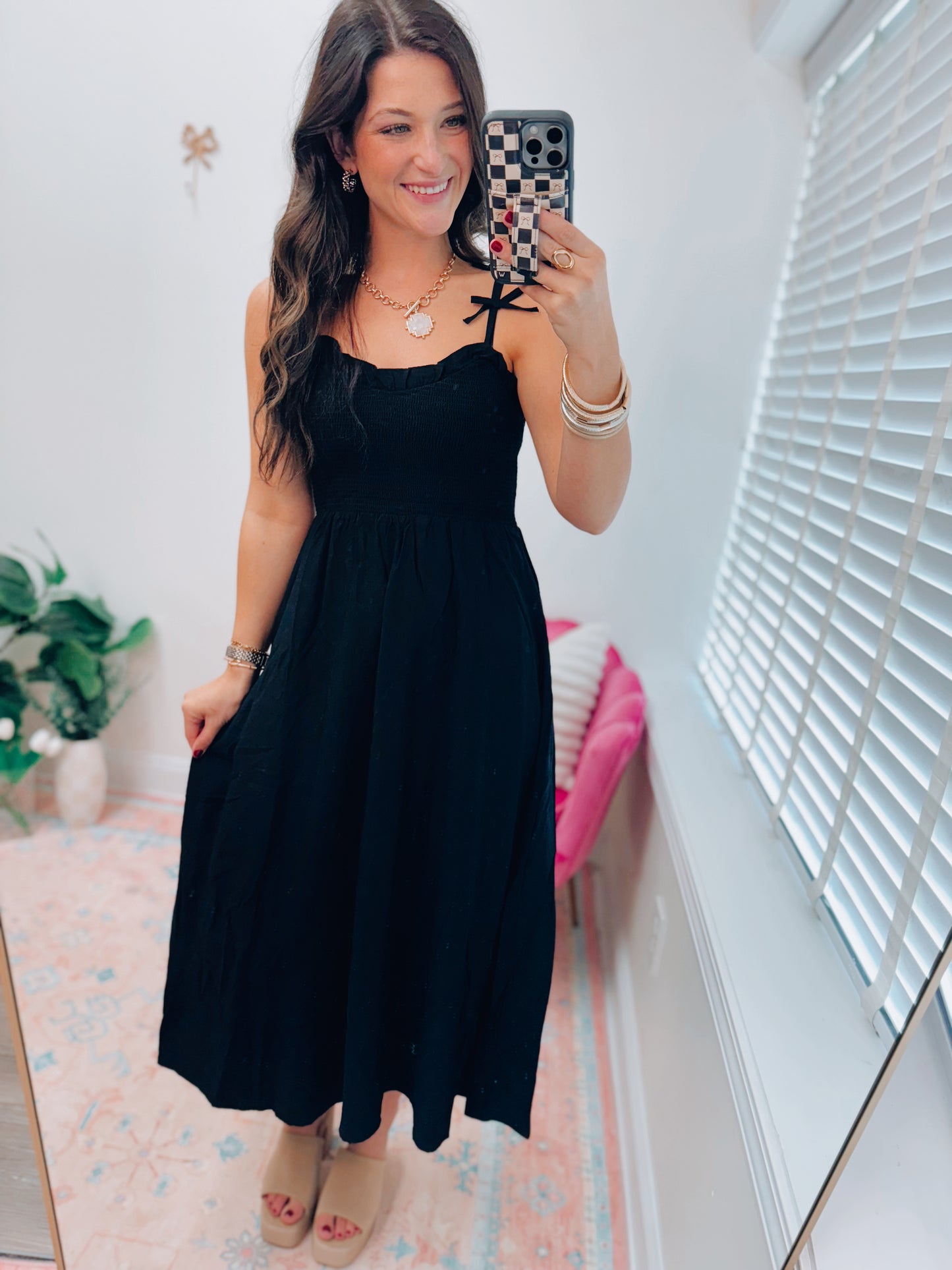 Sweetheart Smocked Bow Strap Midi Dress - Black