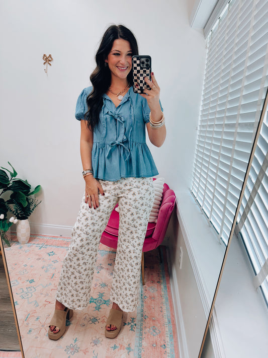 Bow Chambray Denim Tie Top