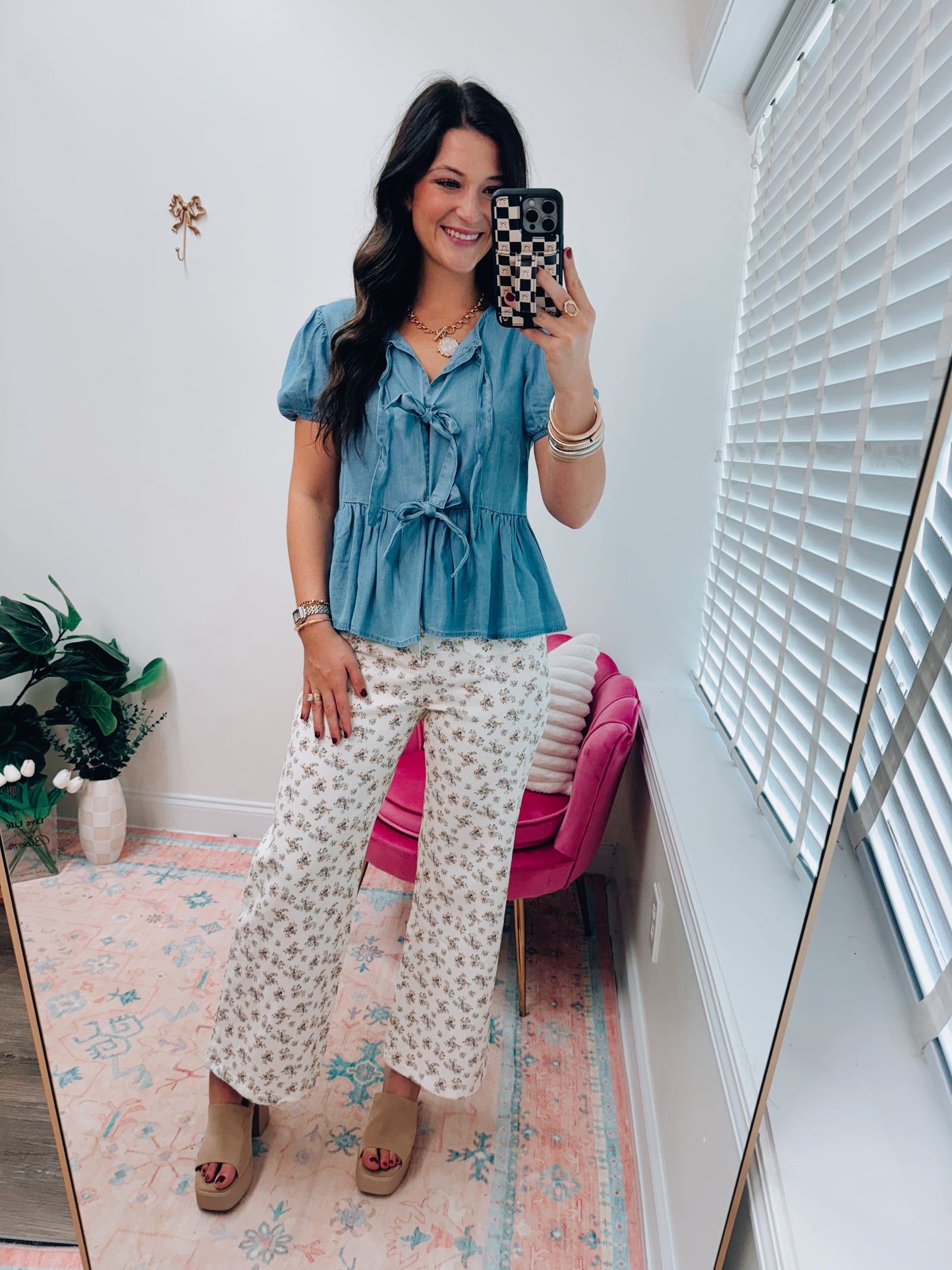 Bow Chambray Denim Tie Top
