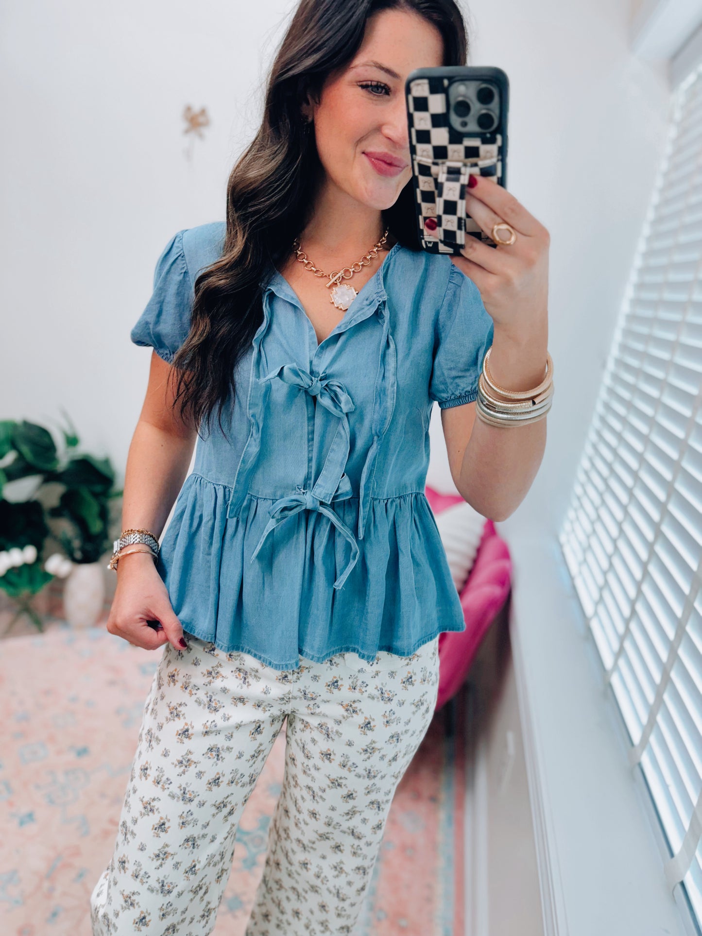 Bow Chambray Denim Tie Top