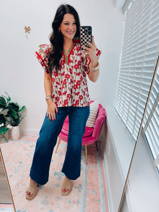 Terracotta Floral Ruffle Top
