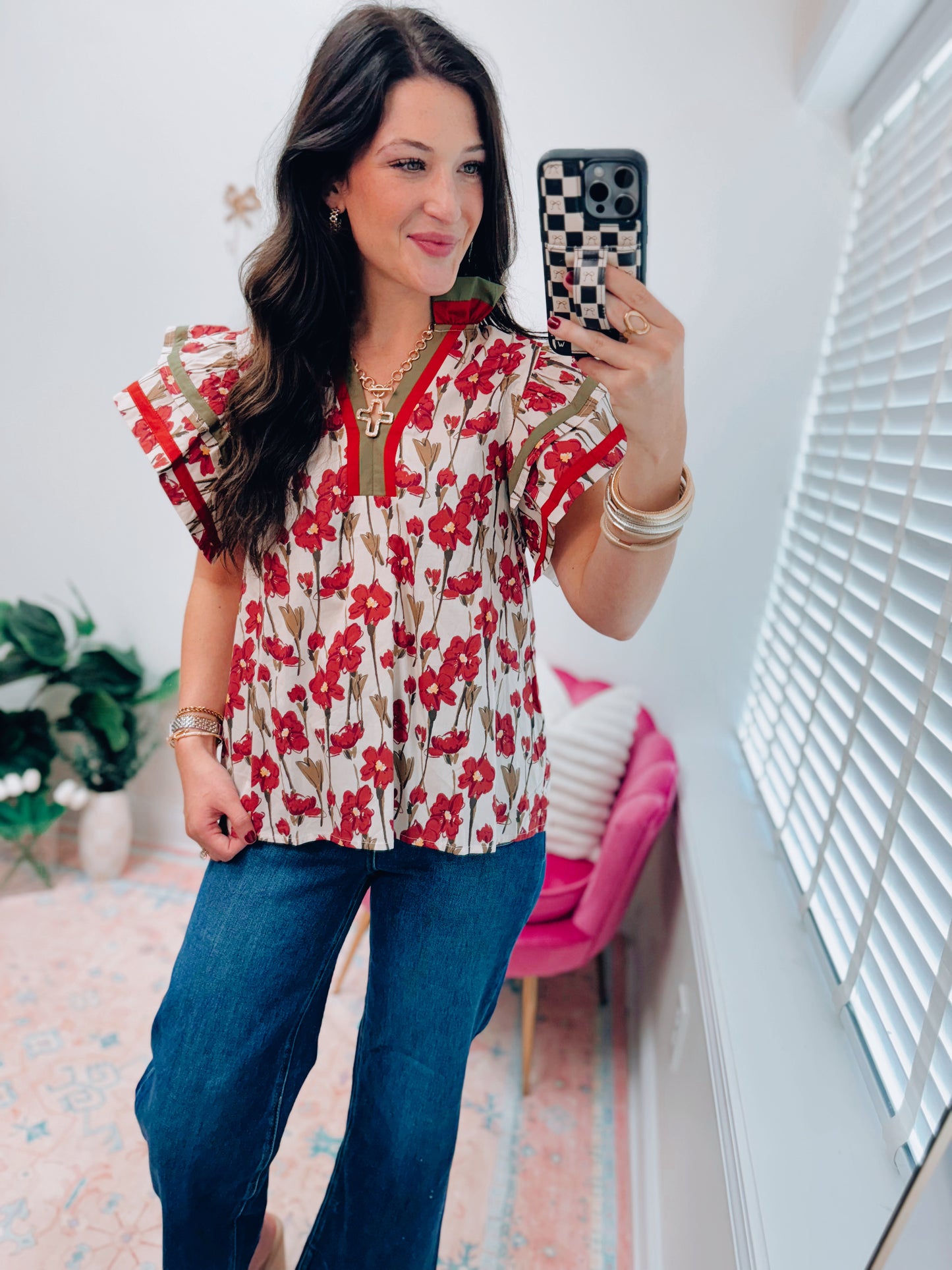 Terracotta Floral Ruffle Top