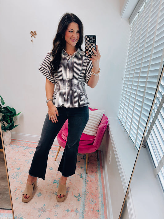 Willow Striped Pleated Button Top - Black
