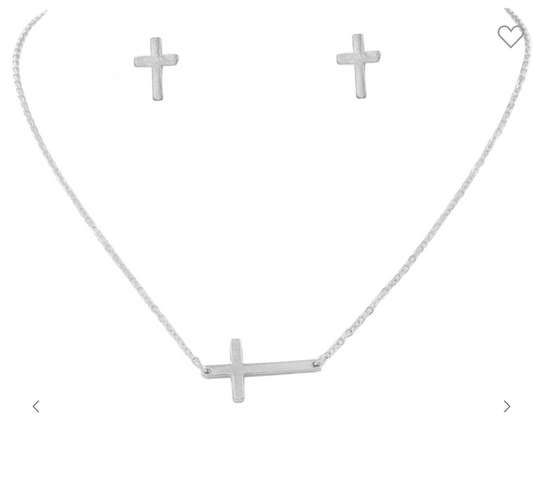 Metal Cross Pendant Chain Necklace Set - Silver