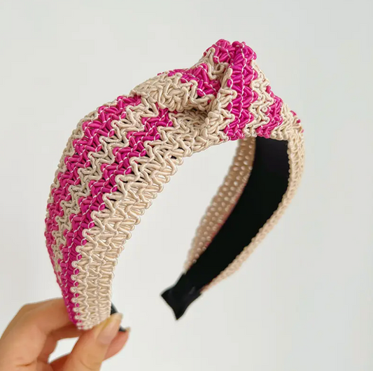 Two Tone Woven Straw Wide Knot Headband - Pink