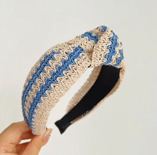 Two Tone Woven Straw Wide Knot Headband - Blue