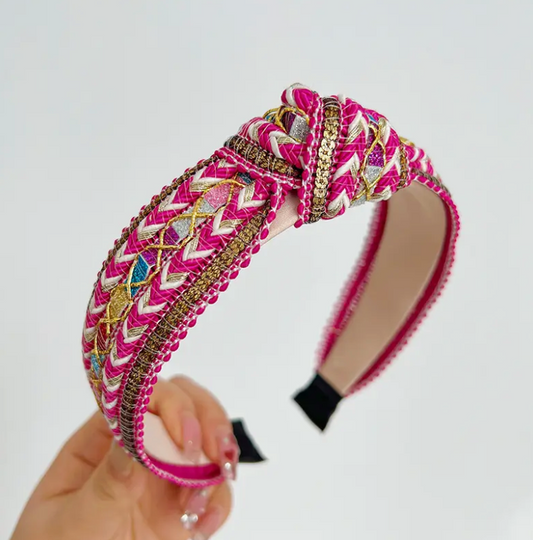 Western Boho Embellished Woven Knot Headband - Hot Pink