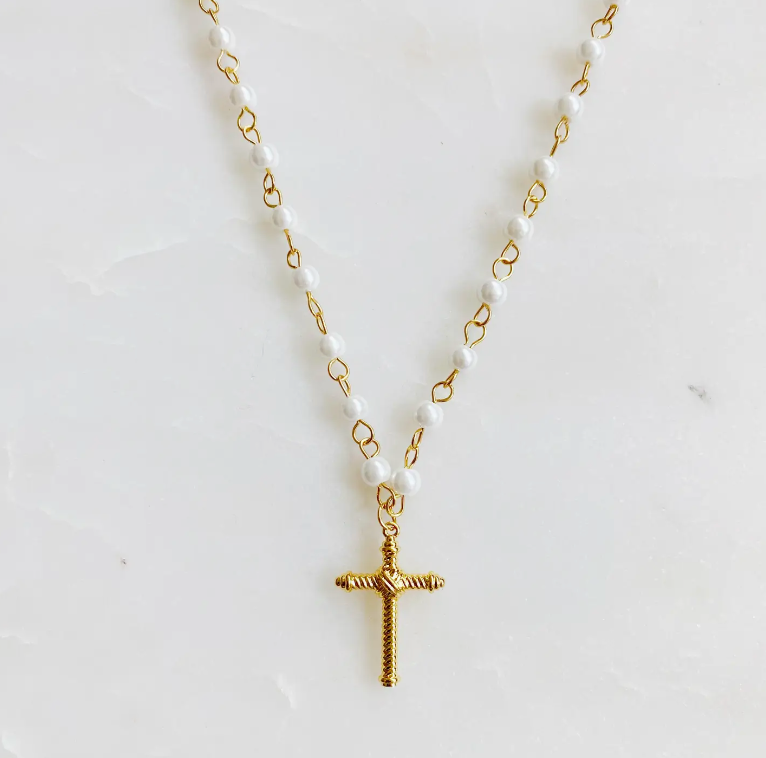 Cabled Pearl Cross Pendant Necklace