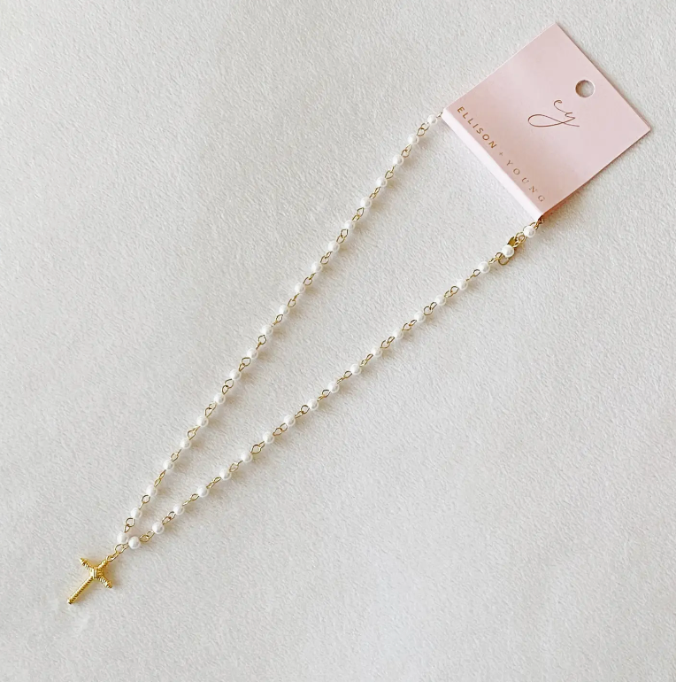 Cabled Pearl Cross Pendant Necklace