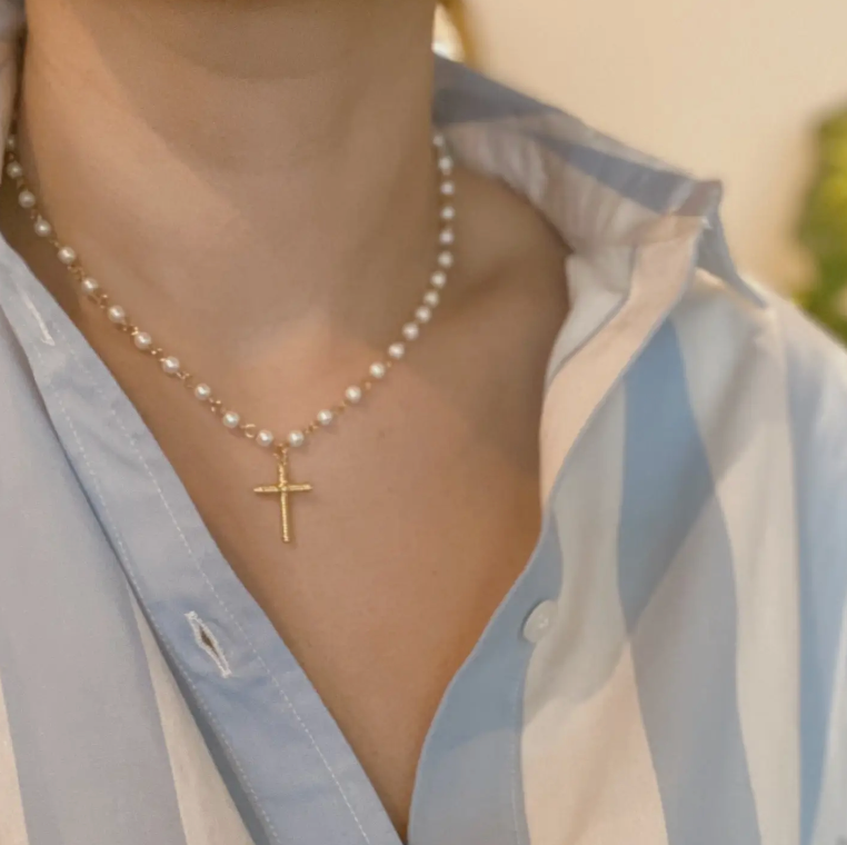 Cabled Pearl Cross Pendant Necklace