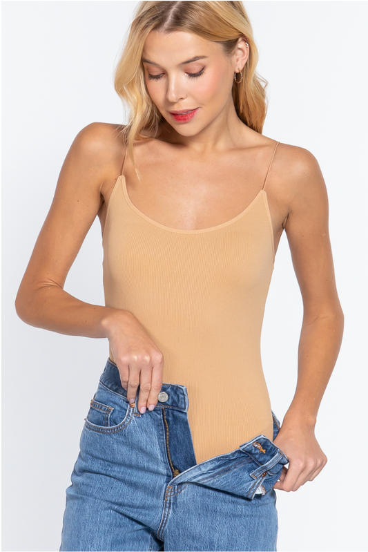 Ribbed Seamless Cami Bodysuit - Tan