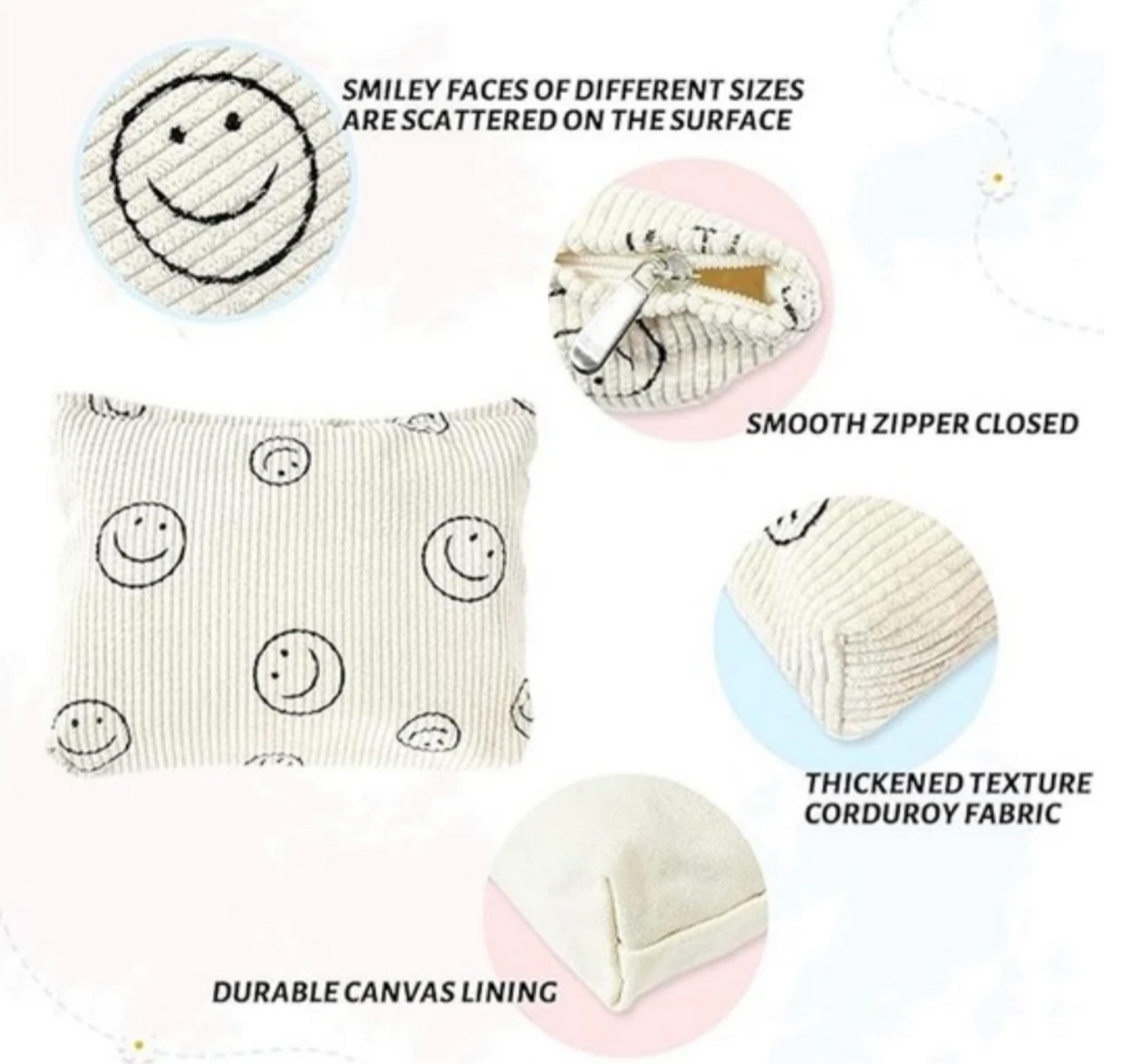 Smiley Corduroy Cosmetics Pouch - Cream