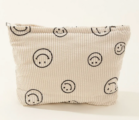 Smiley Corduroy Cosmetics Pouch - Cream