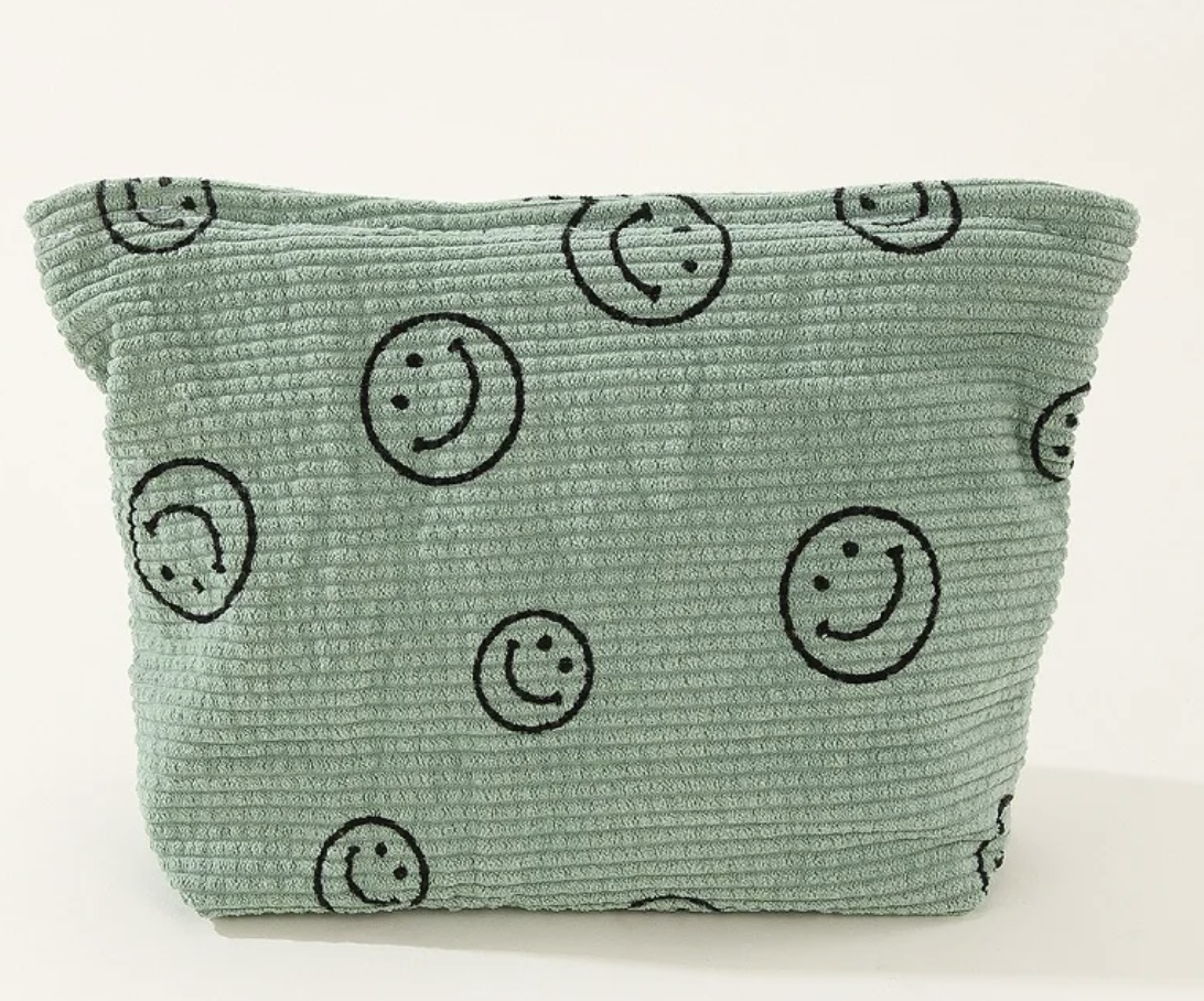 Smiley Corduroy Cosmetics Pouch - Green