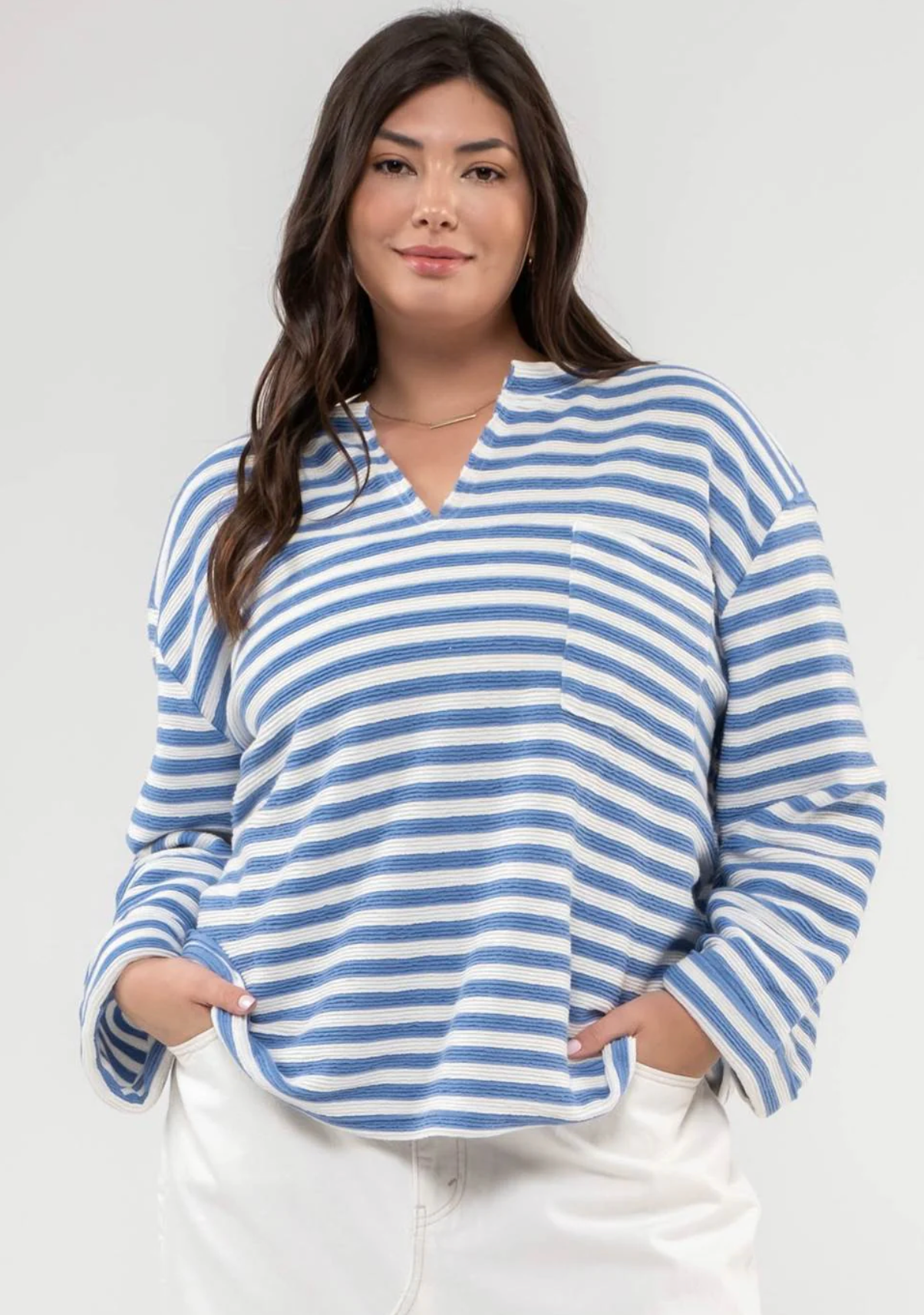 CURVY Wren Striped Notch Neck Top - Blue