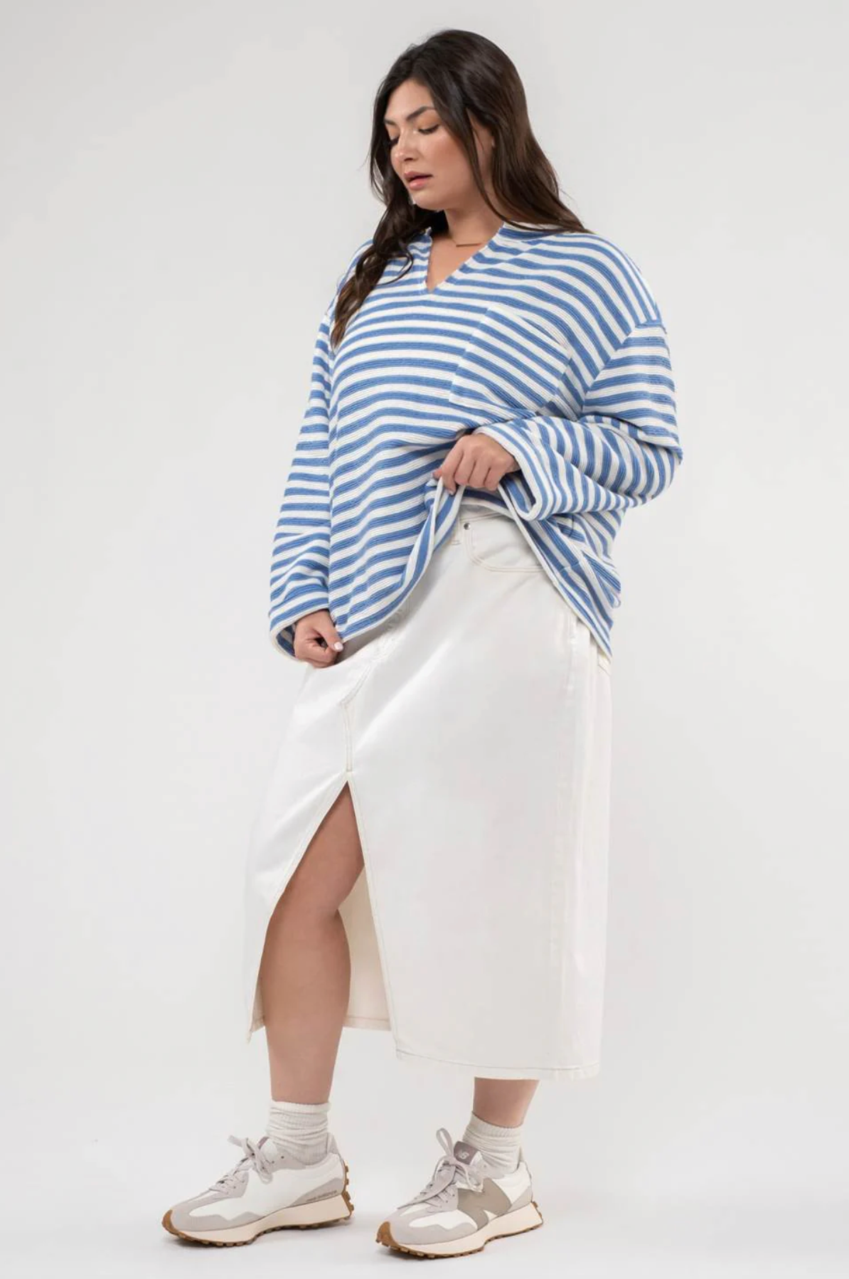 CURVY Wren Striped Notch Neck Top - Blue