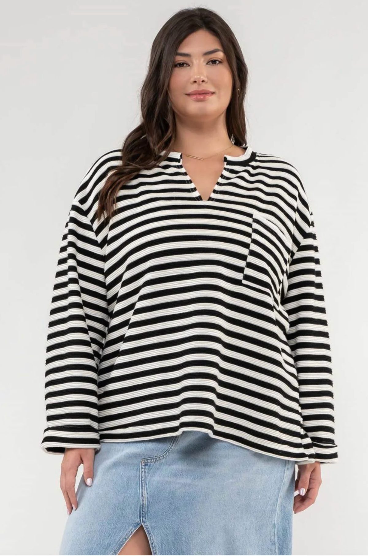 CURVY Wren Striped Notch Neck Top - Black