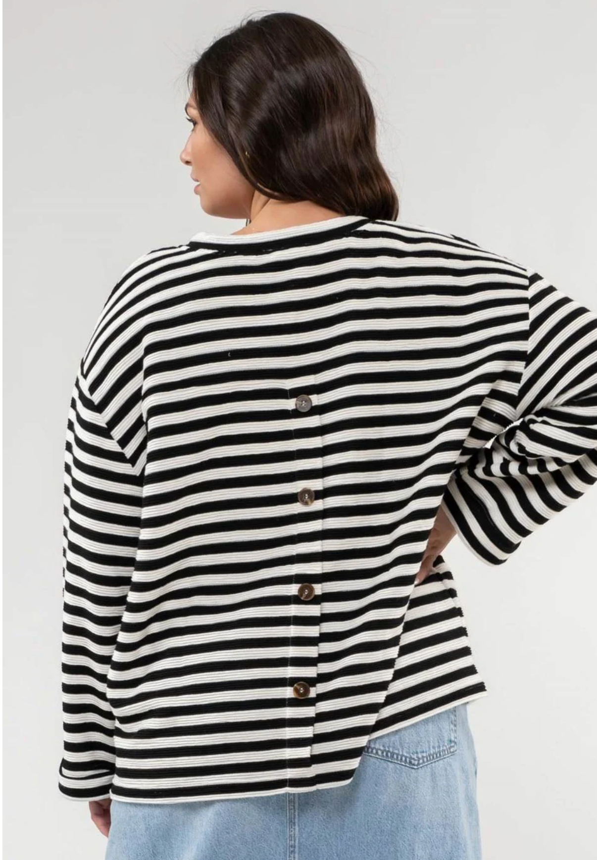 CURVY Wren Striped Notch Neck Top - Black