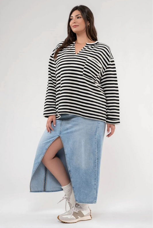 CURVY Wren Striped Notch Neck Top - Black