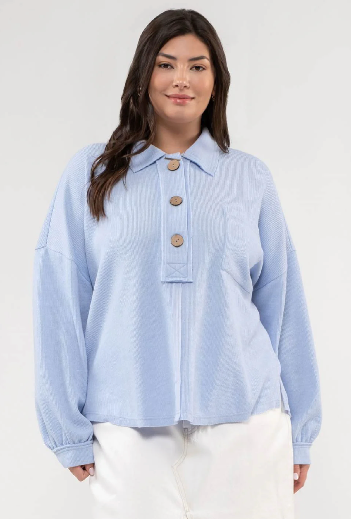 CURVY Button Collared Top - Blue