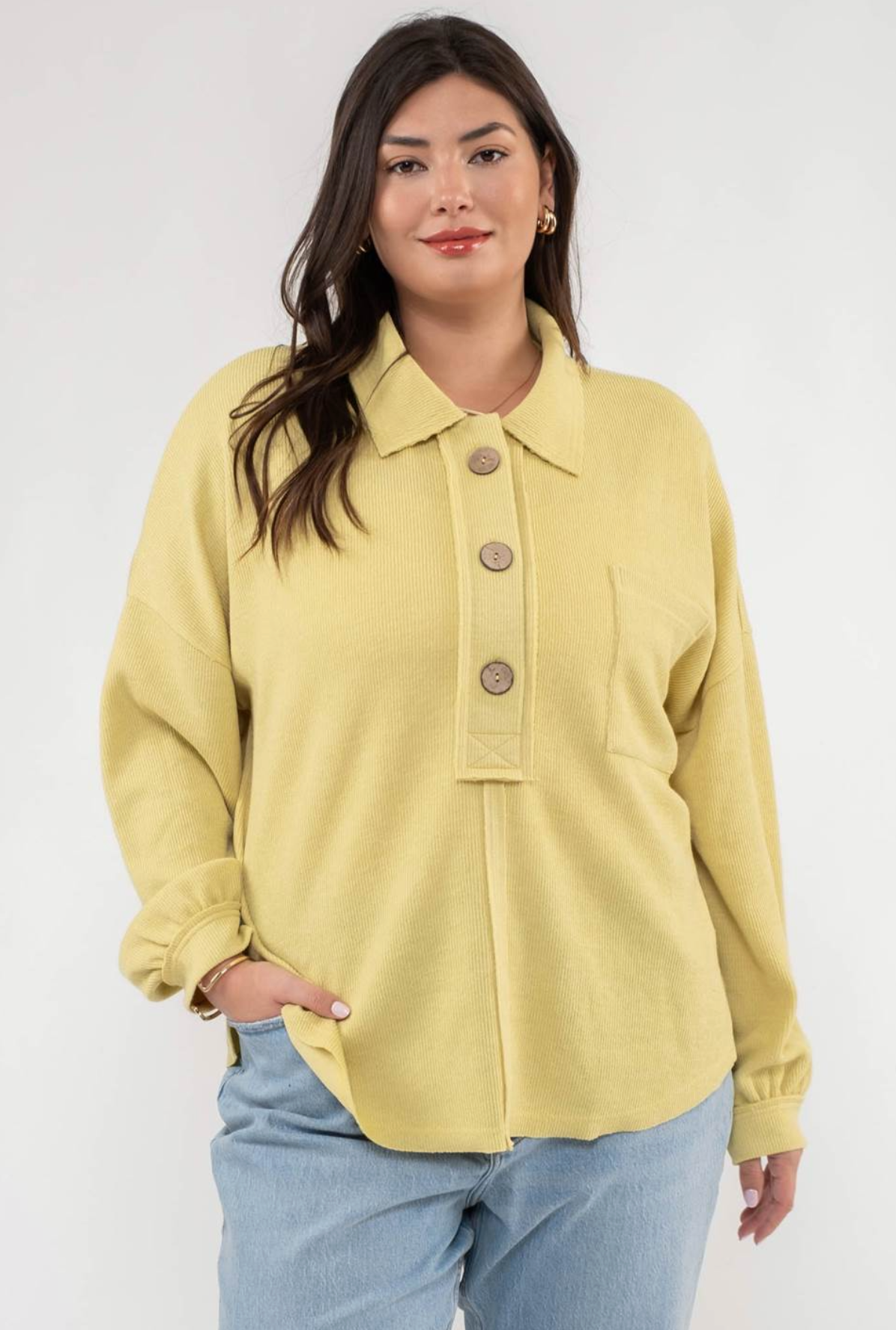 CURVY Button Collared Top - Citron