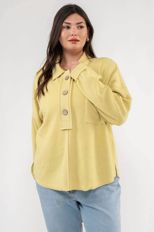 CURVY Button Collared Top - Citron