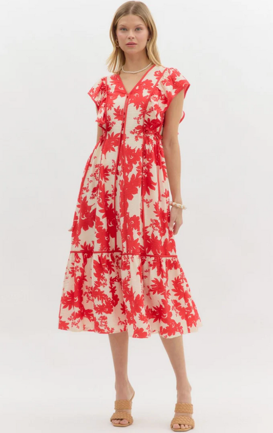 CURVY Red Floral Midi Dress