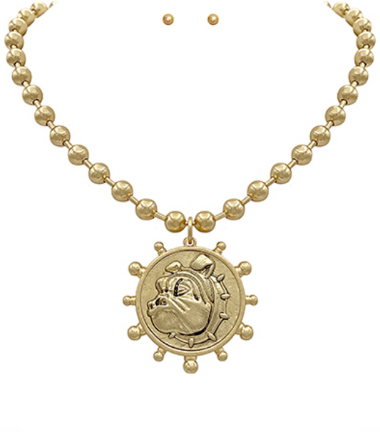 Chunky Beaded Bulldog Face Coin Necklace