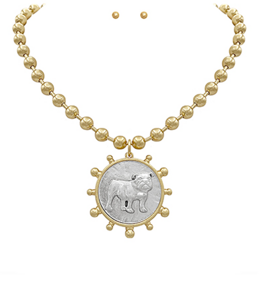 Chunky Beaded Bulldog Coin Necklace - Two Tone