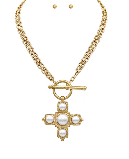Layered Cross & Pearl Necklace Set
