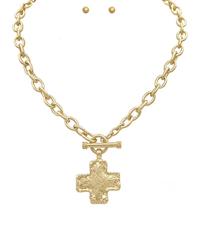 Textured Cross Necklace Set - Gold