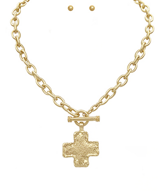 Textured Cross Necklace Set - Gold