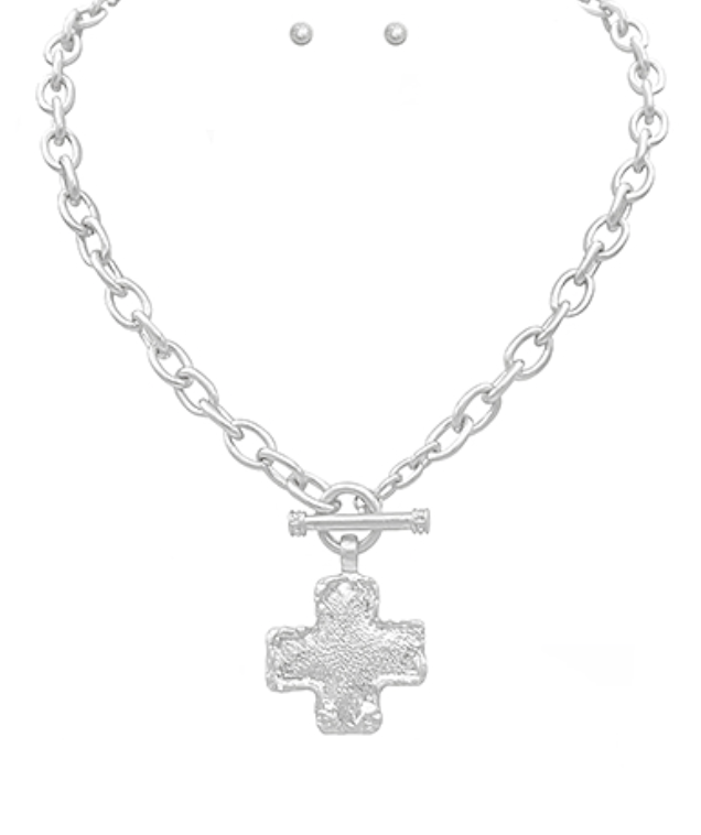 Textured Cross Necklace Set - Silver