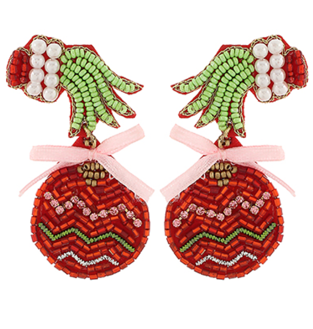 Christmas Seed Beaded Grinch Holding Ornament Earrings - Red