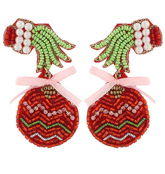 Christmas Seed Beaded Grinch Holding Ornament Earrings - Red