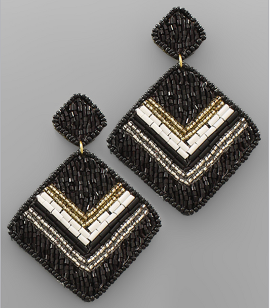 Aztec Beaded Drop Earrings - Black