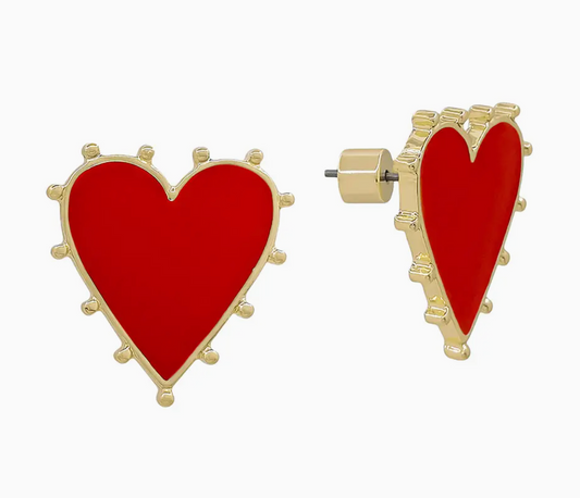 Gold Dotted Heart Earrings - Red