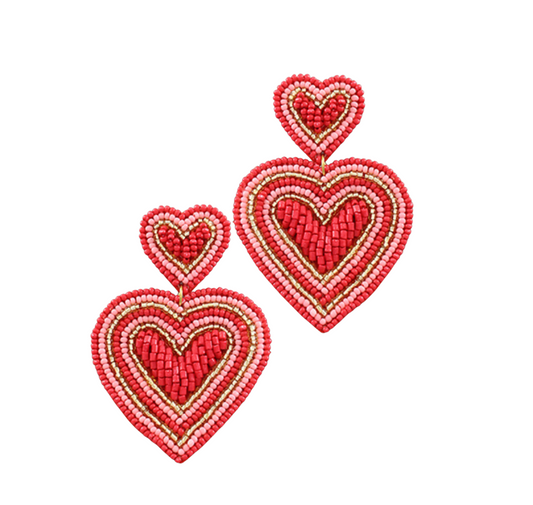 Beaded Double Heart Earrings - Red