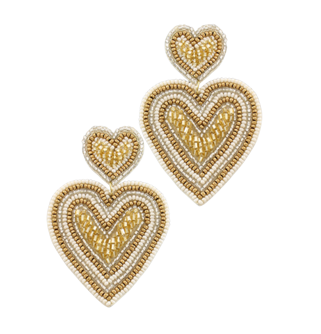 Beaded Double Heart Earrings - White