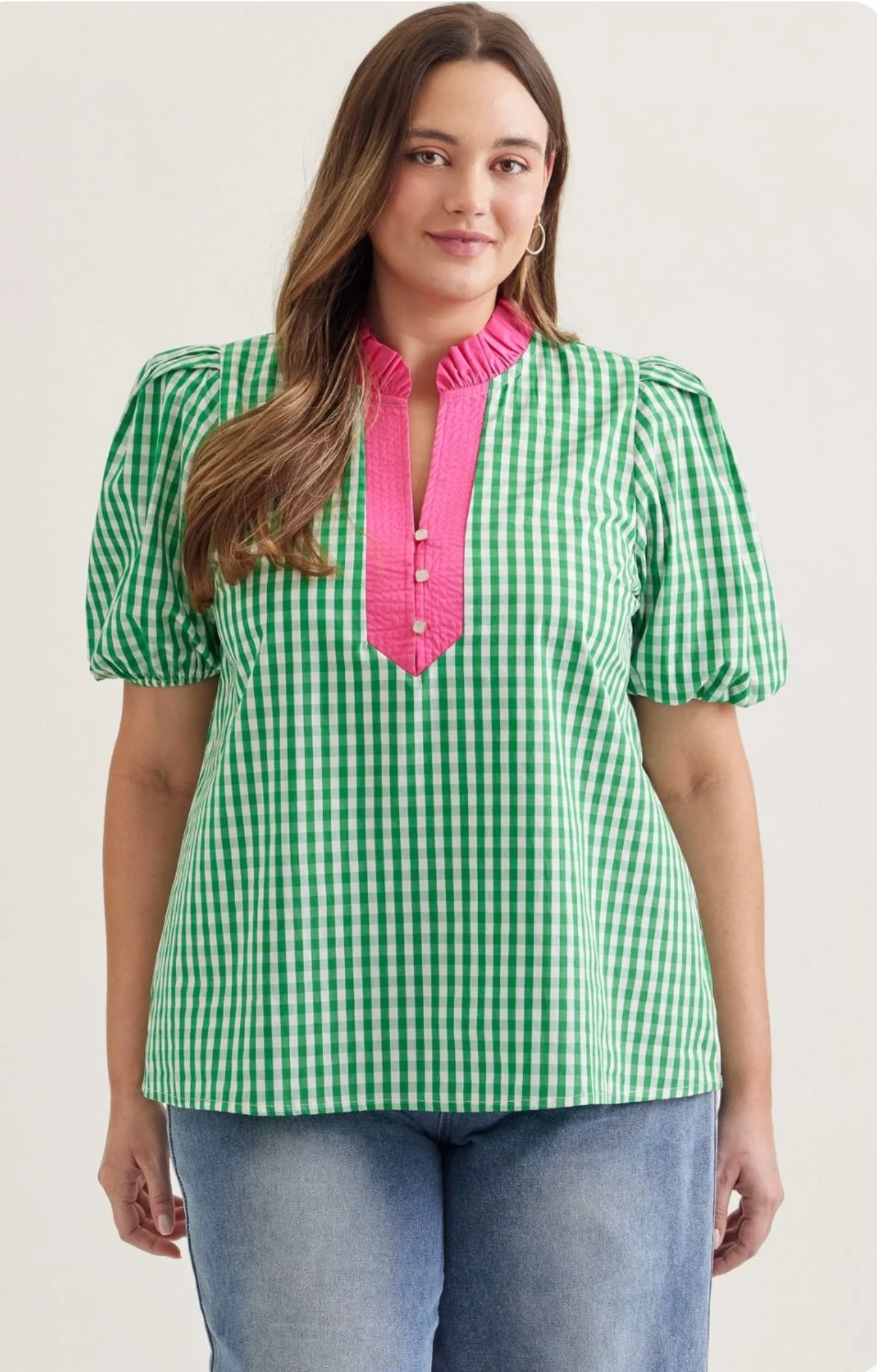 CURVY Green Checkered Lime Collar Top