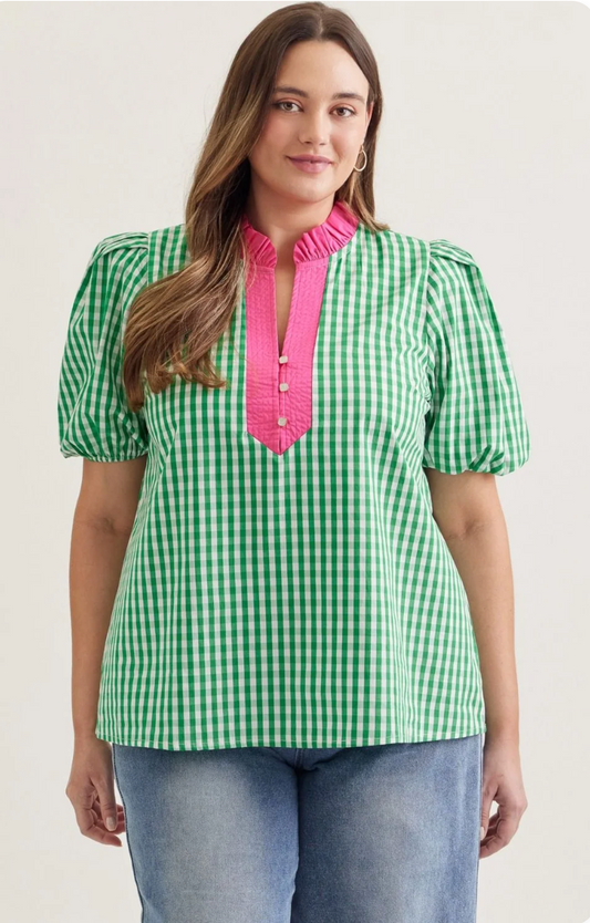 CURVY Green Checkered Lime Collar Top